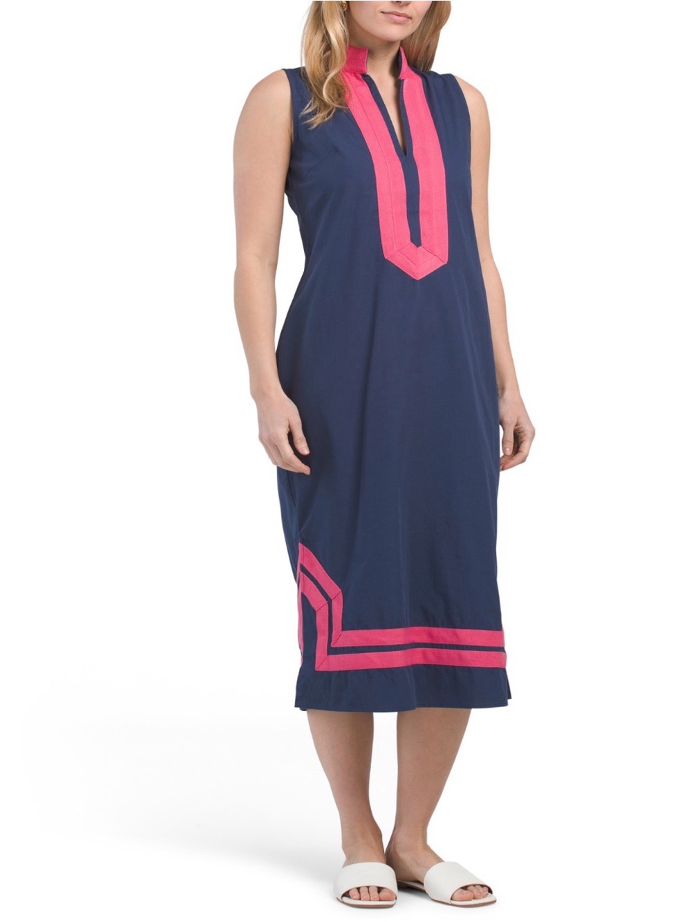 Sail To Sable Navy Midi Shift Dress with Pink Trim